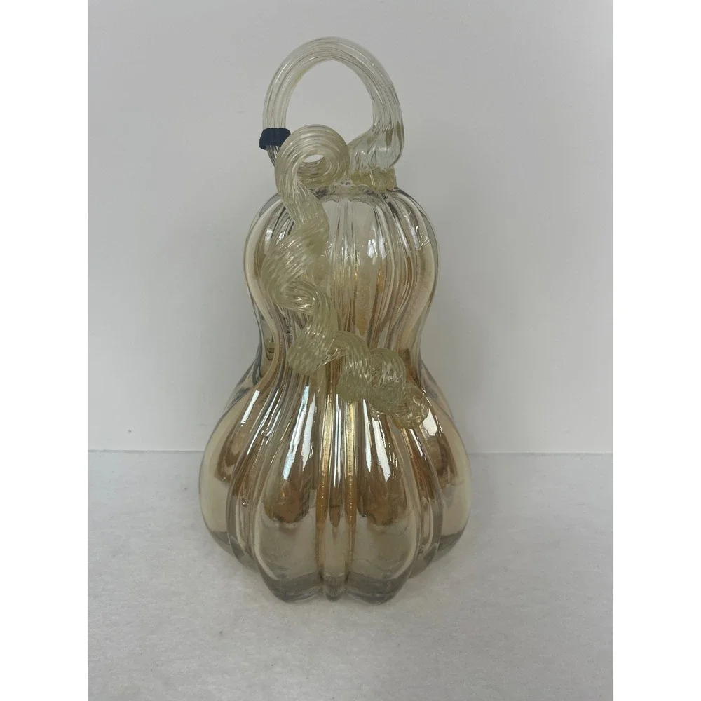 Tahari Home Glass Pumpkin Gourd Champagne Amber Ribbed Luster Fall Decor NEW